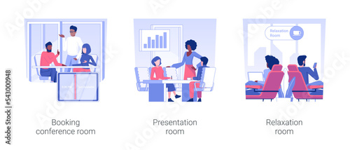 Office facilities isolated concept vector illustration set. Booking conference room, presentation and relaxation zone, office life, teamwork organization at workplace vector cartoon.