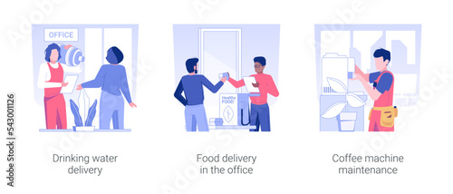 Office delivery service isolated concept vector illustration set. Drinking water and food order, coffee machine maintenance, corporate services for employees, office life vector cartoon.