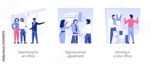 Rent the office isolated concept vector illustration set. Searching for office, signing rental agreement, moving in a new office, real estate agent work, meeting with broker vector cartoon.