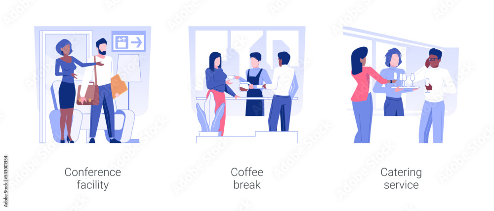 Event services isolated concept vector illustration set. Conference facility, coffee break, catering service, greeting guest, business travel, hotel service, accommodation facility vector cartoon. Event services isolated concept vector illustration set. Conference facility, coffee break, catering service, greeting guest, business travel, hotel service, accommodation facility vector cartoon.
