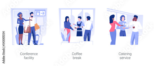 Event services isolated concept vector illustration set. Conference facility, coffee break, catering service, greeting guest, business travel, hotel service, accommodation facility vector cartoon.