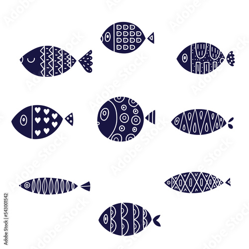 Cute retro cartoon illustration with blue fish on white background. Vector illustration set.