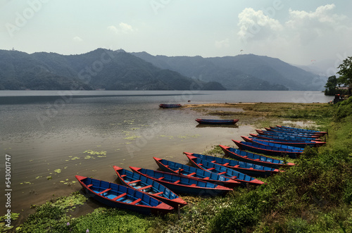 Blue boats on Lake Phewa Pokhara Nepal at sunset 
