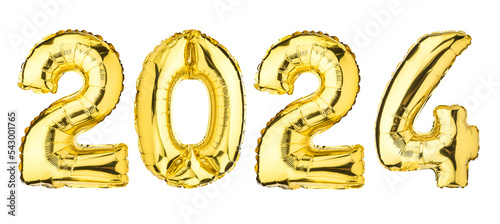 New Year 2024 celebration. Helium balloon. Golden Yellow foil color. Numbers Two 2, four 4, Zero 0. Good for Party, greeting card, Advertising, Anniversary. Isolated white background. High resolution