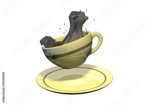 Taça de café derramado com pires amarelo photo