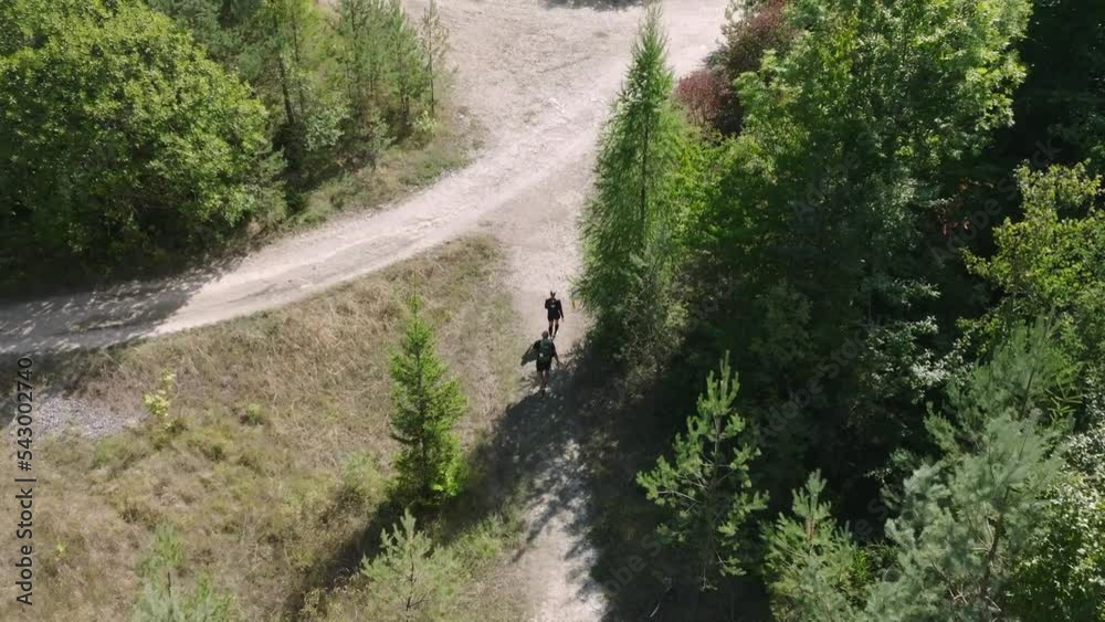 Walking people in a forest. Drone flies forward. Walking people in a forest. Drone flies forward.