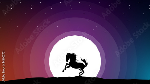 landscape Horse Under the Moonlight. fairy tale stallion silhouette and night landscape vector design. horse at night background. horse walpaper in the night.