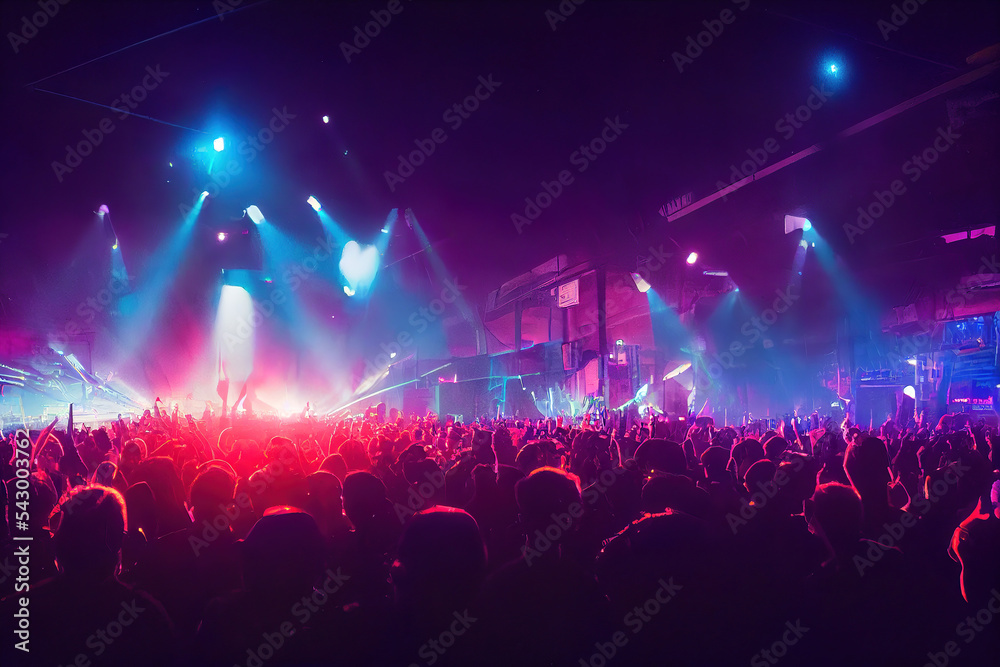 crowd in concert or party, lights and stage in the background
