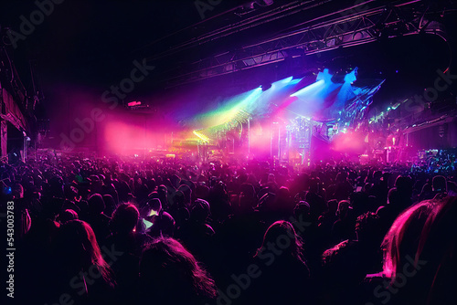 crowd in concert or party  lights and stage in the background