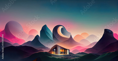 abstract colorful dreamy landscape background with house