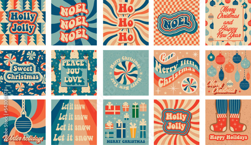 Collection of Retro Festive Christmas greeting cards. Vector illustration