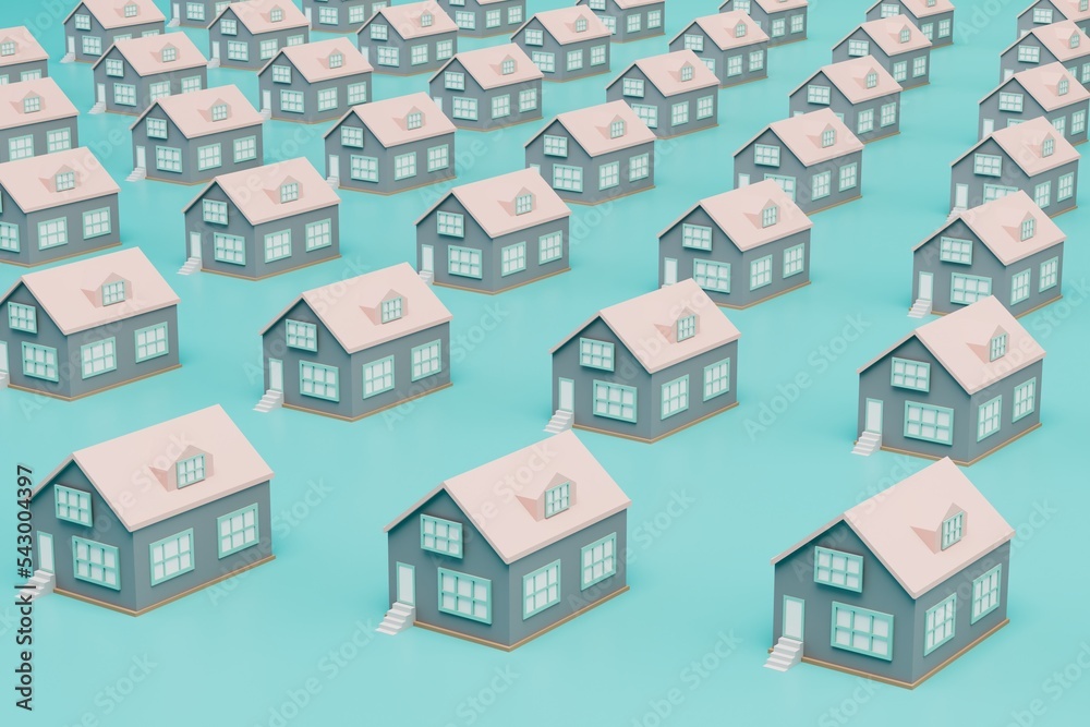 abstract background consisting of patterns of beautiful houses on a turquoise background. 3D render