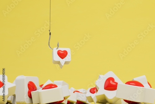 the concept of falling in love. A button with a heart on an iron hook next to the other buttons. 3D render © Igor