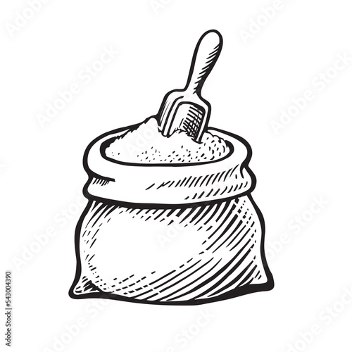 Hand sketched whole bag of wheat flour. Sack with grains graphic drawn on white background. Vector illustration