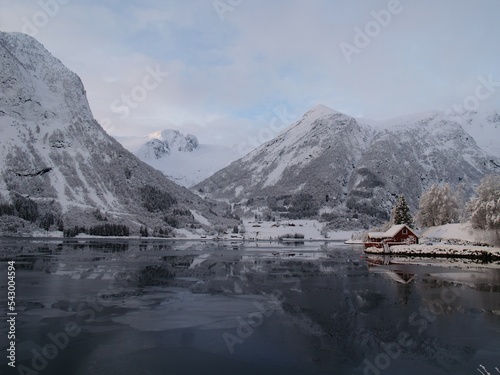 Norway, Scandinavian Landscape in Winter with a lonely House on a Fjord