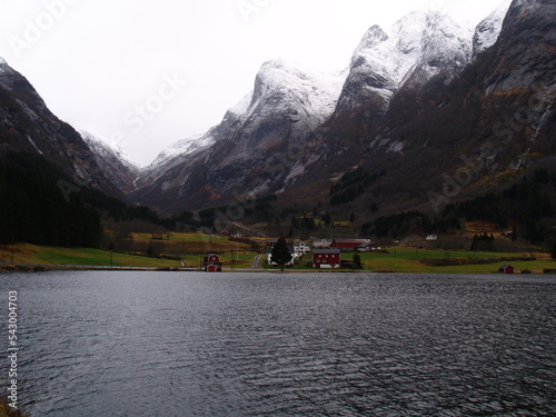 Fjord, Fiord in Norway, Houses on the Coast in a scandinavian valley