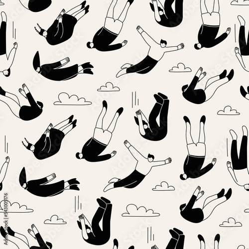 Various falling people. Diverse male and female characters. Hand drawn modern Vector illustration. Flying or falling down abstract people. Cartoon style. Square seamless Pattern, background, wallpaper