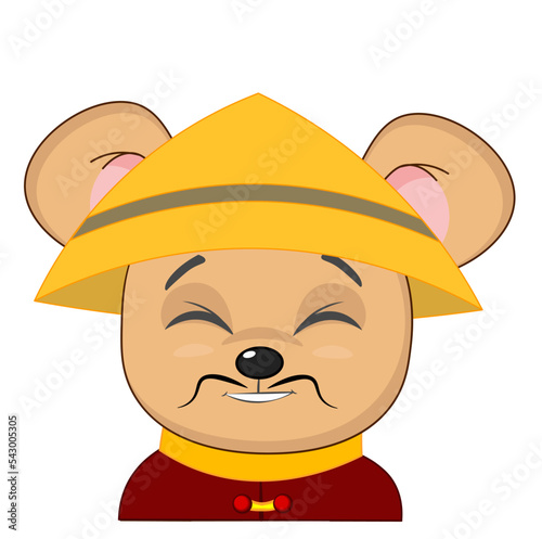 Cute little mouse in a hat and national costume. Japan, China, Vietnam
