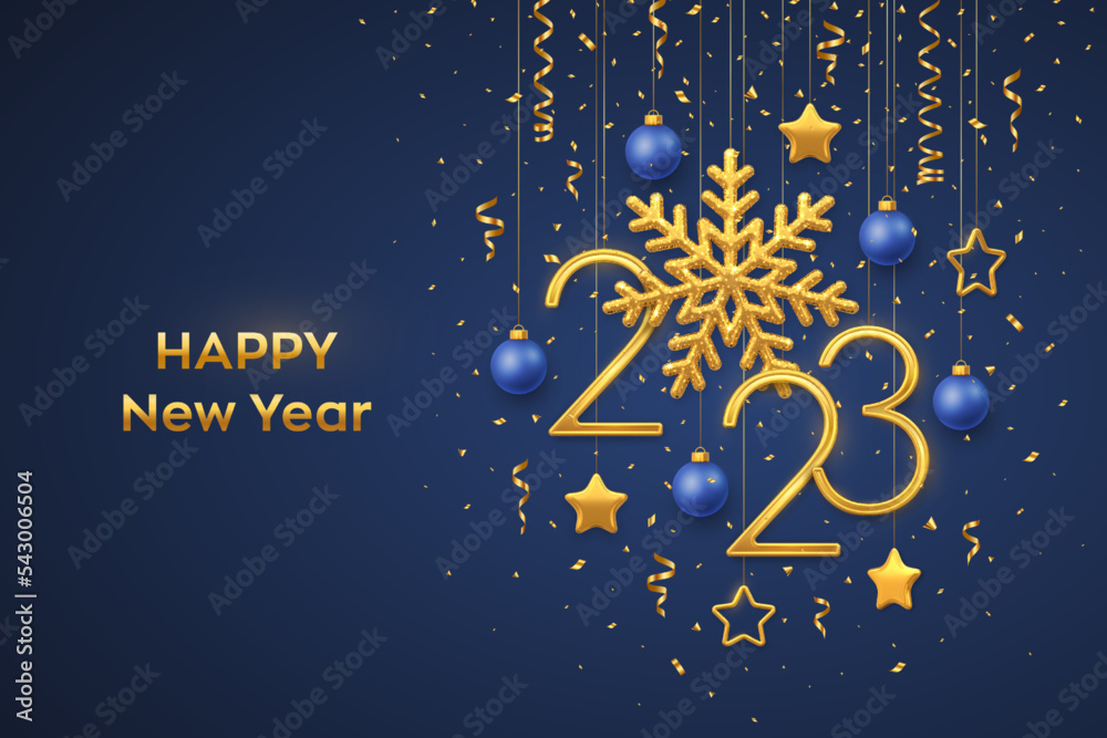 Happy New 2023 Year Hanging Golden Metallic Numbers 2023 With Shining