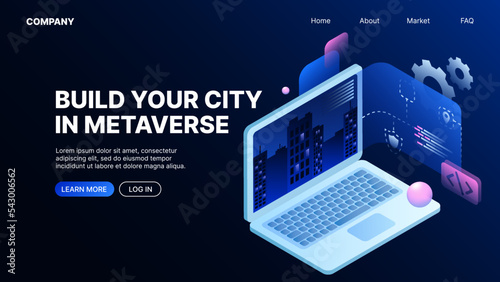 Build Your City in Metaverse. Metaworld. Landing Page Template. Vector illustration