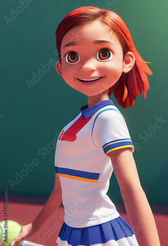 red short hair beautiful generic teen girl character portrait in tennis outfit, digital painting in 3D cartoon movies style photo