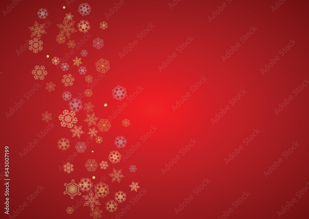 Christmas snow on red background. Glitter frame for winter banners, gift coupon, voucher, ads, party event. Santa Claus colors with golden Christmas snow. Horizontal falling snowflakes for holiday.