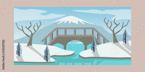 winter poster vector design, snow mountain and bridge background illustration