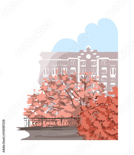 Old autumn city. Beautiful landscape with park, building and red trees. Vector art illustration. Hand drawn color sketch. Watercolor style