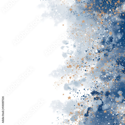 Abstract Watercolor Style Vector Layout. Dark and Light Blue Paint Stains, Gold Splatter and Stars on a White Background. Iregular Stains and Splash Print Set. No text. Artistic Layout. photo