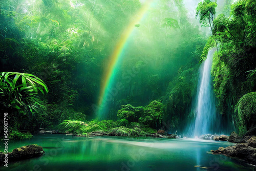 waterfall in the jungle, beautiful rainbow in the mist, forest landscape background © Gbor