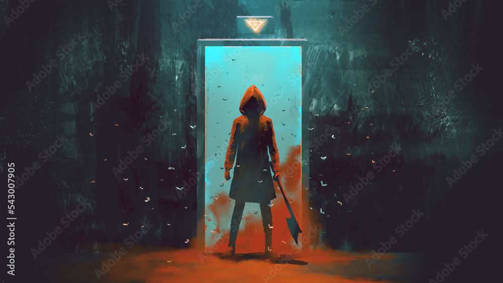 mysterious person under a red jacket holds an ax in front of the door, digital art style, illustration painting