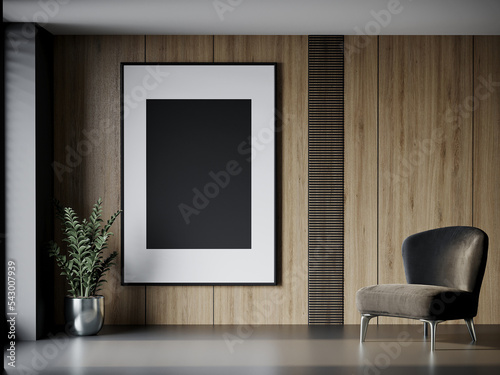 Accent wall for the picture or art. Large vertical black frame on wood veneer with multiple panels. Sun light and a chair in the gallery or living room. 3d rendering photo