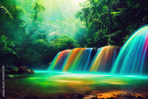 waterfall in the jungle  beautiful rainbow in the mist  forest landscape background
