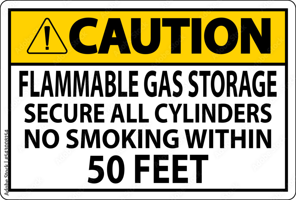 Caution Sign Flammable Gas Storage, Secure All Cylinders, No Smoking Within 50 Feet