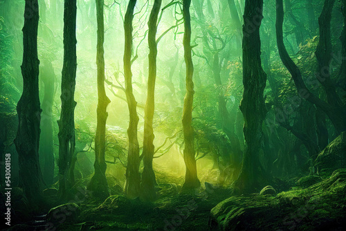 Fantasy misty forest as landscape background