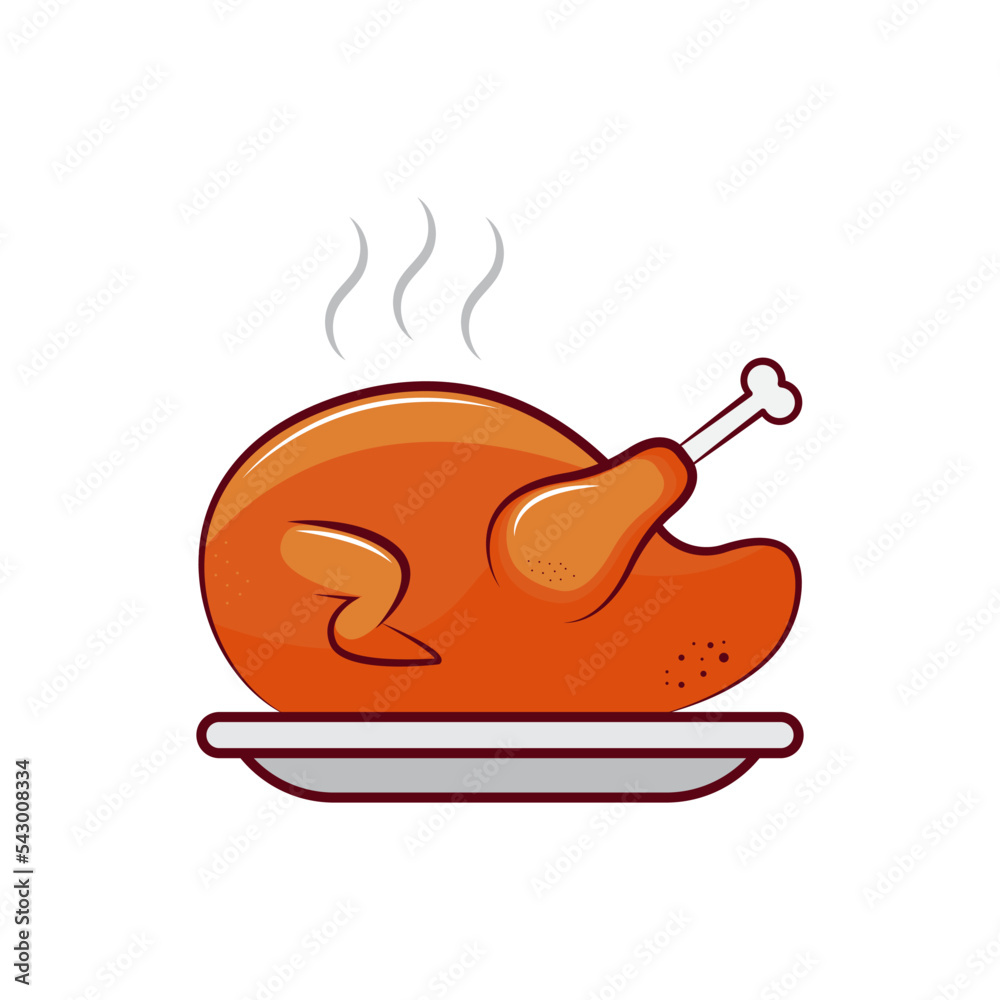Hot and tasty roasted chicken meat on a plate. Vector of a chicken meat isolated on a white background. Vector of a whole chicken meat with its legs and wings. Chicken meat. Hot and tasty roasted chicken meat on a plate. Vector of a chicken meat isolated on a white background. Vector of a whole chicken meat with its legs and wings. Chicken meat.