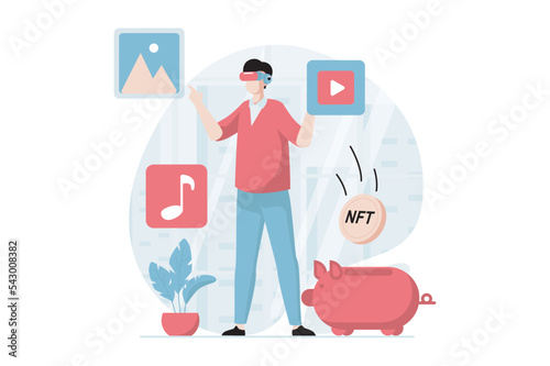NFT token concept with people scene in flat design. Man creating digital artworks with non fungible token and selling at marketplaces in metaverse. Vector illustration with character situation for web