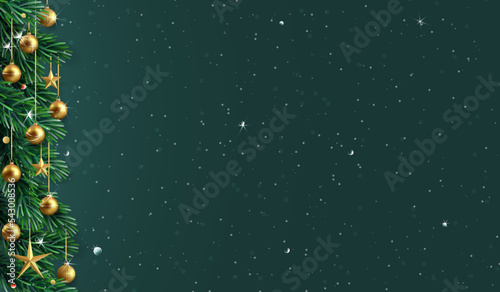 Christmas banner with fir branches, stars and christmas balls