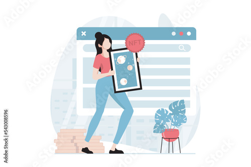 NFT token concept with people scene in flat design. Woman creating unique digital painting for virtual exhibition and selling masterpieces online. Vector illustration with character situation for web