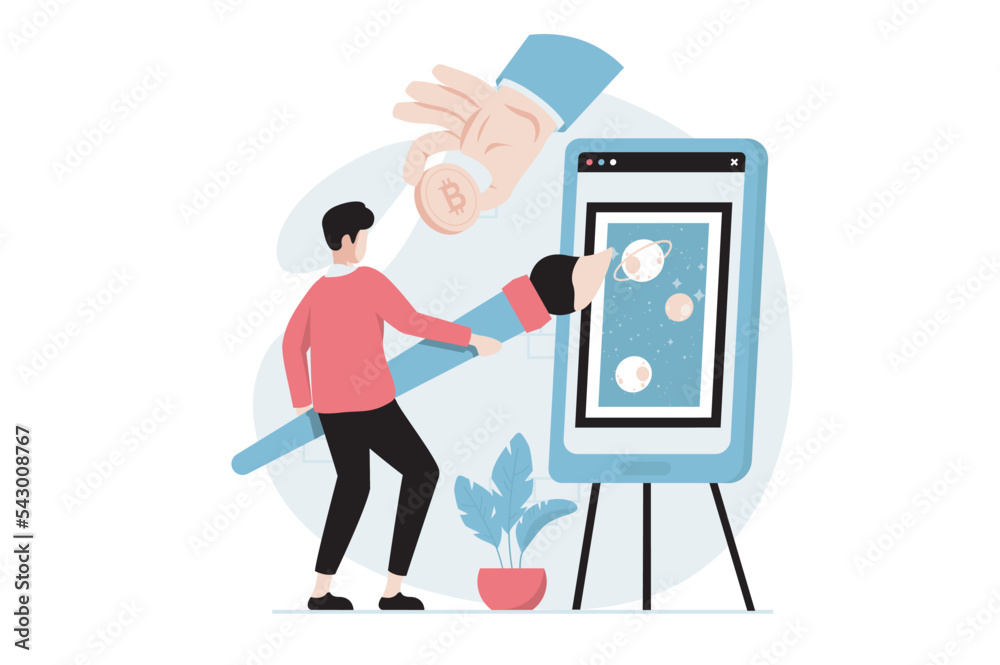 NFT token concept with people scene in flat design. Man artist drawing digital paintings with with non fungible token for virtual art auctions. Vector illustration with character situation for web NFT token concept with people scene in flat design. Man artist drawing digital paintings with with non fungible token for virtual art auctions. Vector illustration with character situation for web