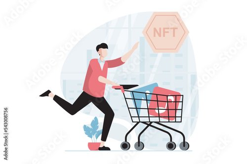NFT token concept with people scene in flat design. Man customer buying digital content at virtual auctions and investing cryptocurrency in art. Vector illustration with character situation for web