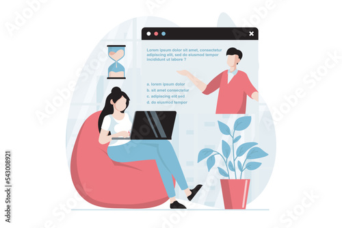 Online survey concept with people scene in flat design. Woman listening video questions and answers in questionnaire and filling digital form. Vector illustration with character situation for web