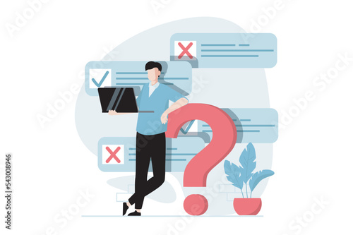 Online survey concept with people scene in flat design. Man thinking about test questions and answers in questionnaire, filling digital form. Vector illustration with character situation for web