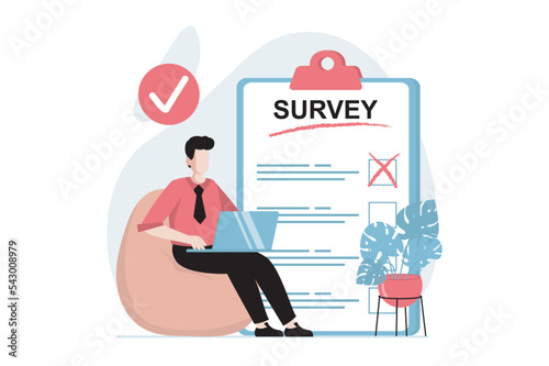 Online survey concept with people scene in flat design. Man participates in marketing research and answers questions in digital questionnaire. Vector illustration with character situation for web