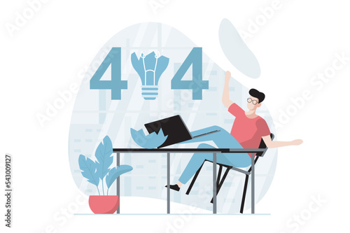 Page not found concept with people scene in flat design. Upset man tries to connection to site and failed, internet disconnecting in laptop. Vector illustration with character situation for web