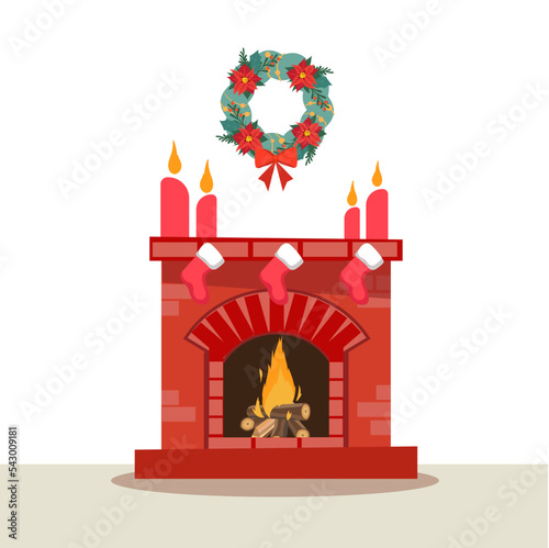 Fireplace with candles and a Christmas wreath. Vector illustration.