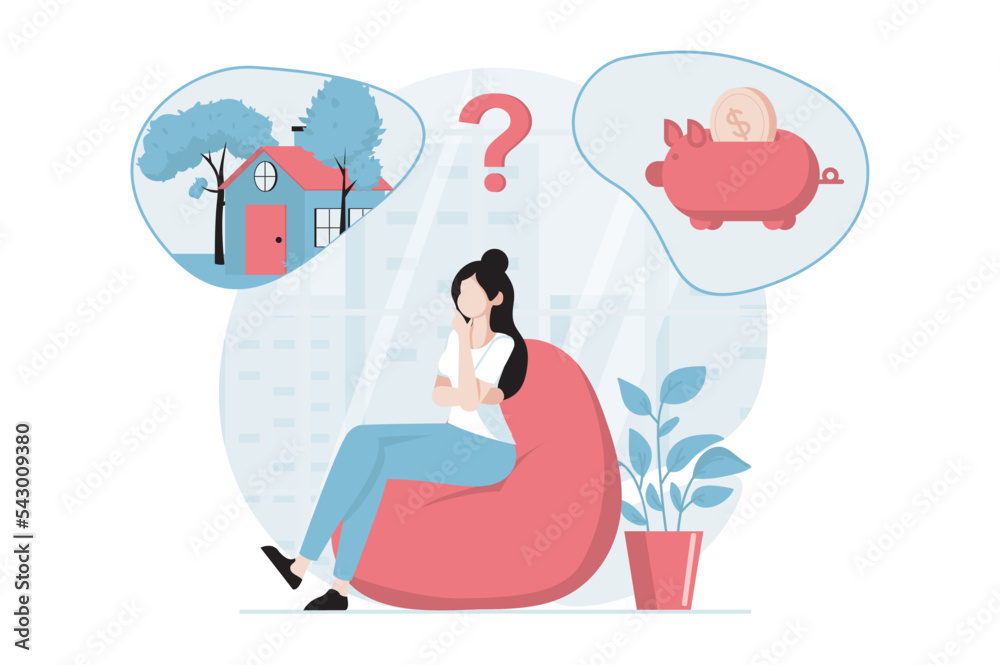 Real estate concept with people scene in flat design. Woman thinks, makes decision to invest money in buying home, take mortgage or save finances. Vector illustration with character situation for web Real estate concept with people scene in flat design. Woman thinks, makes decision to invest money in buying home, take mortgage or save finances. Vector illustration with character situation for web