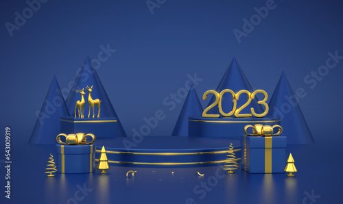 Happy New 2023 Year. 3D Golden metallic numbers 2023 on blue stage podium. Scene, round and cube platform with gift boxes, realistic golden deers, metallic pine spruce trees on blue background. Vector