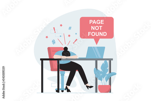 Page not found concept with people scene in flat design. Frustrated woman is angry and cannot access site due to errors server and fail connection. Vector illustration with character situation for web