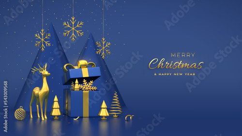 Christmas banner. Composition from gift box, gold deer, shining showflakes and ball, golden metallic spruce trees. New Year cone shape trees. Xmas background, greeting card. Vector 3D illustration. photo